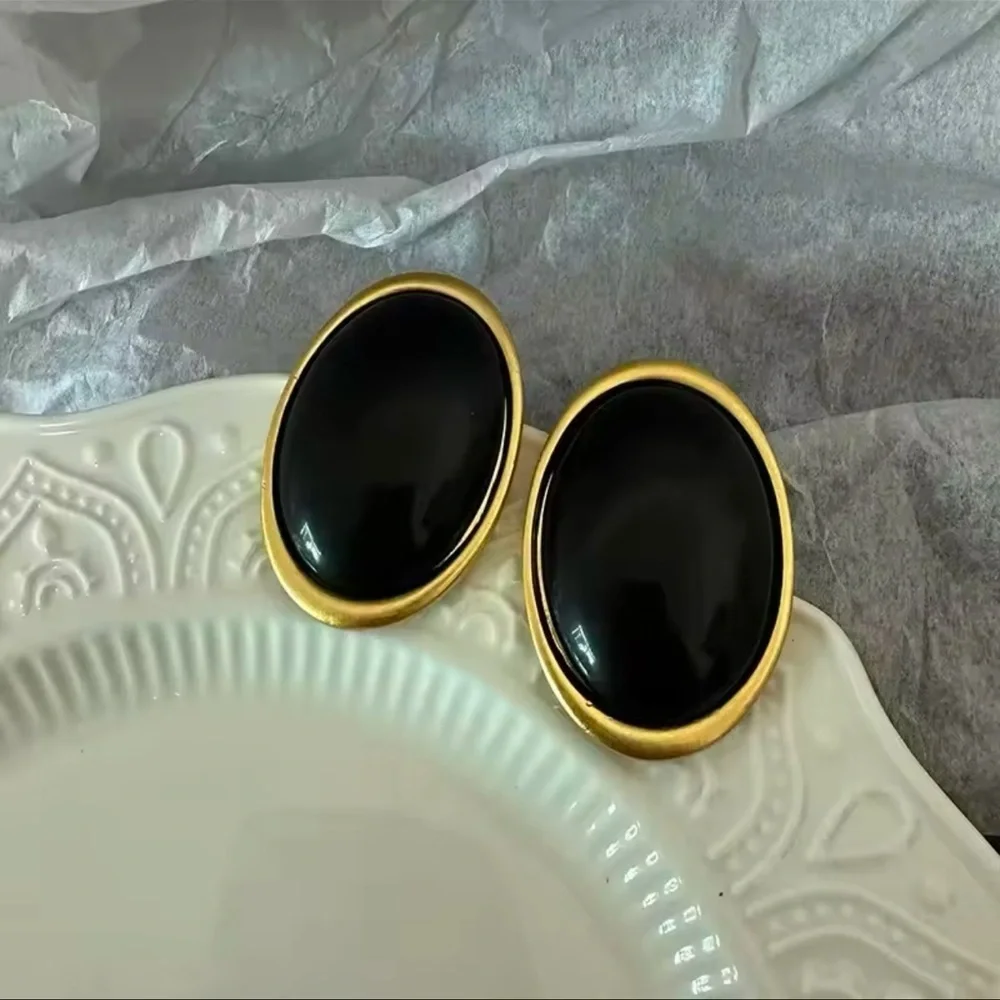 Vintage Oversized Black Brass Oval Statement Earrings